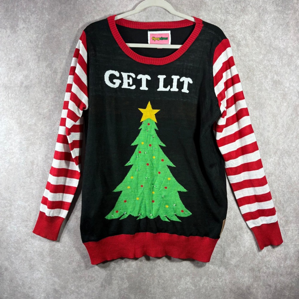 Tipsy Elves Sweater Mens Large Black Get Lit Christmas Tree Light Up Striped